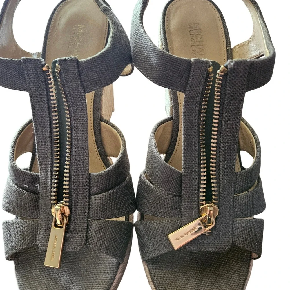 Michael Kors Womens Olive‎ Green Canvas Front Zip Espadrille Wedge Sandals 7